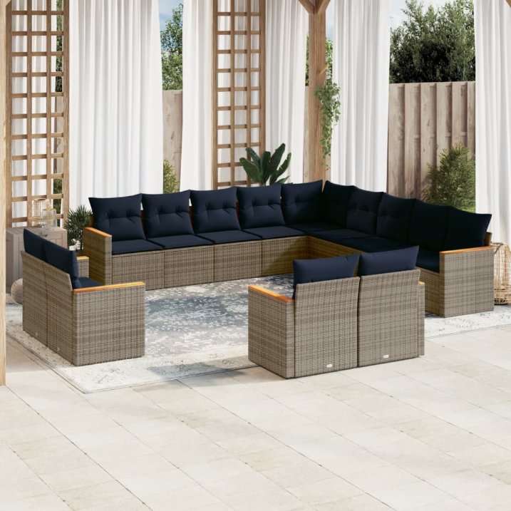 13-teiliges Gartensofa-Set mit Kissen, schwarzes Polyrattan
