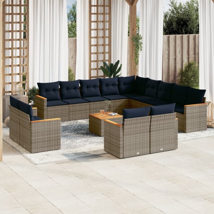 13-teiliges Gartensofa-Set mit Kissen, schwarzes Polyrattan
