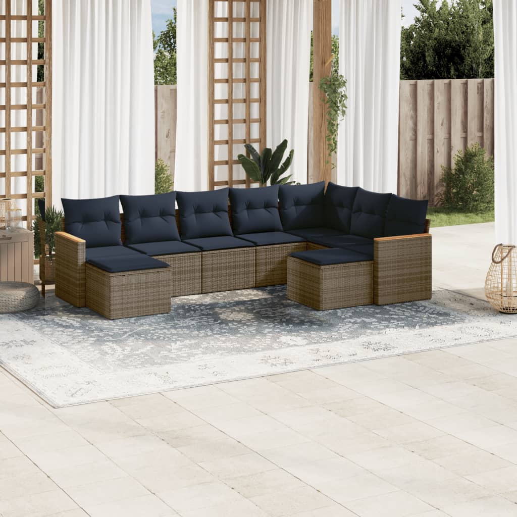 9-teiliges Gartensofa-Set mit Kissen, schwarzes Polyrattan
