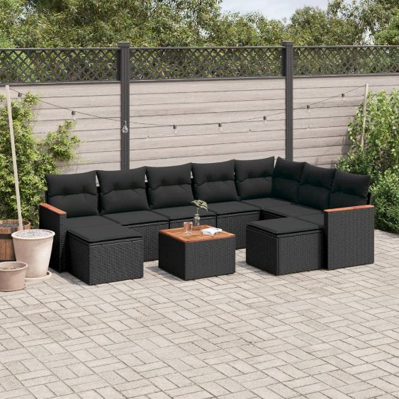 9-tlg. Garten-Sofagarnitur mit Kissen Schwarz Poly Rattan