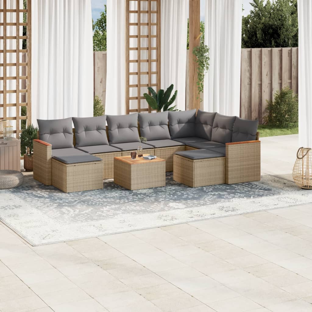 9-tlg. Garten-Sofagarnitur mit Kissen Schwarz Poly Rattan