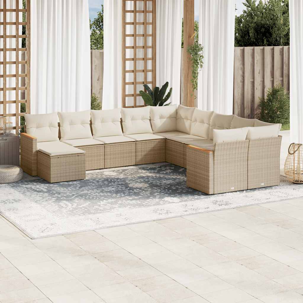 11-tlg. Garten-Sofagarnitur mit Kissen Schwarz Poly Rattan