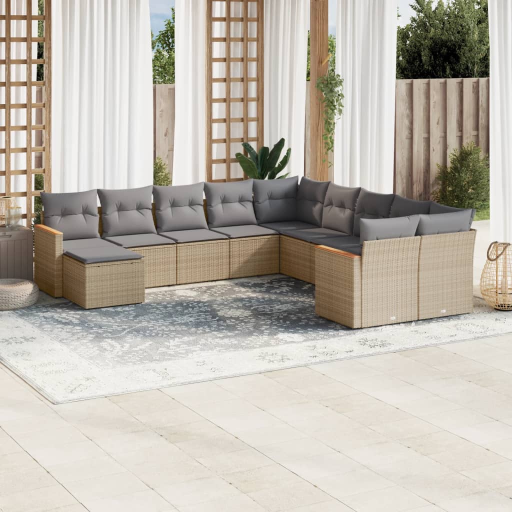 11-tlg. Garten-Sofagarnitur mit Kissen Schwarz Poly Rattan