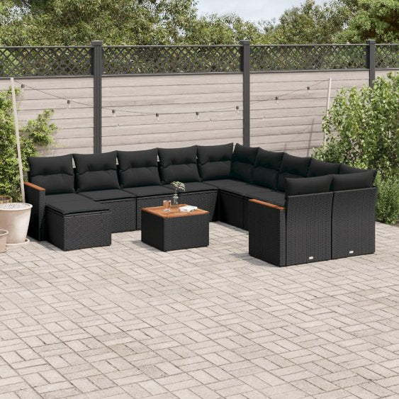 11-tlg. Garten-Sofagarnitur mit Kissen Schwarz Poly Rattan