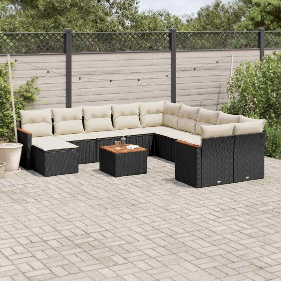 11-tlg. Garten-Sofagarnitur mit Kissen Schwarz Poly Rattan
