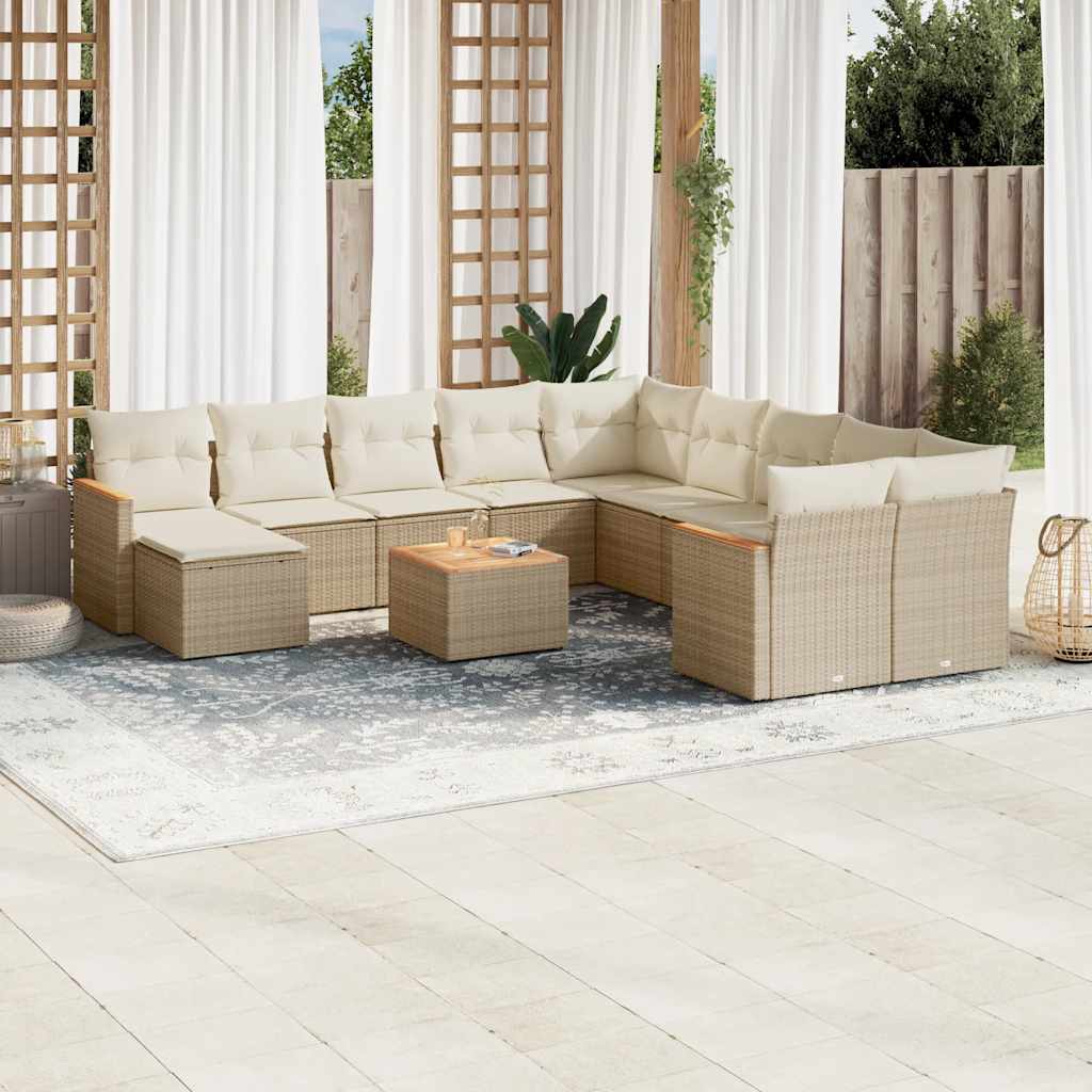 11-tlg. Garten-Sofagarnitur mit Kissen Schwarz Poly Rattan