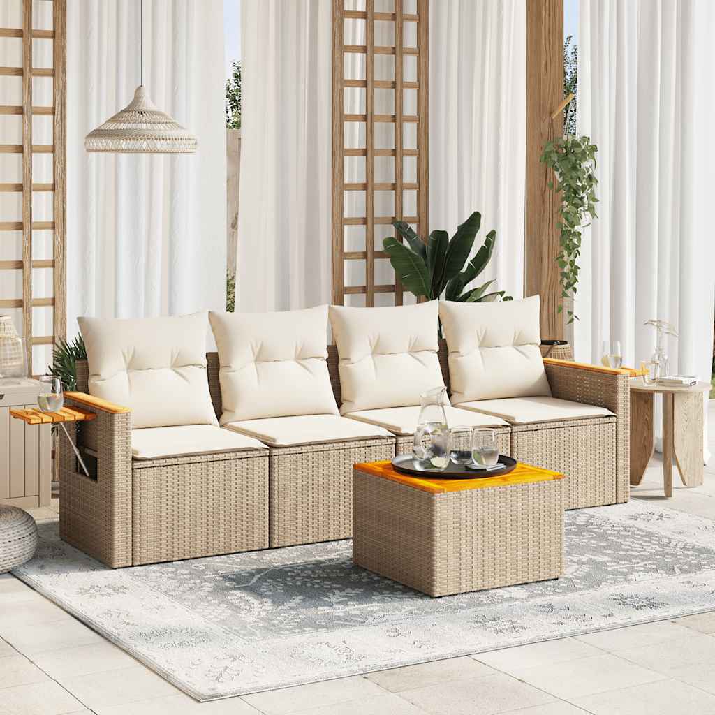 5-tlg. Garten-Sofagarnitur mit Kissen Schwarz Poly Rattan