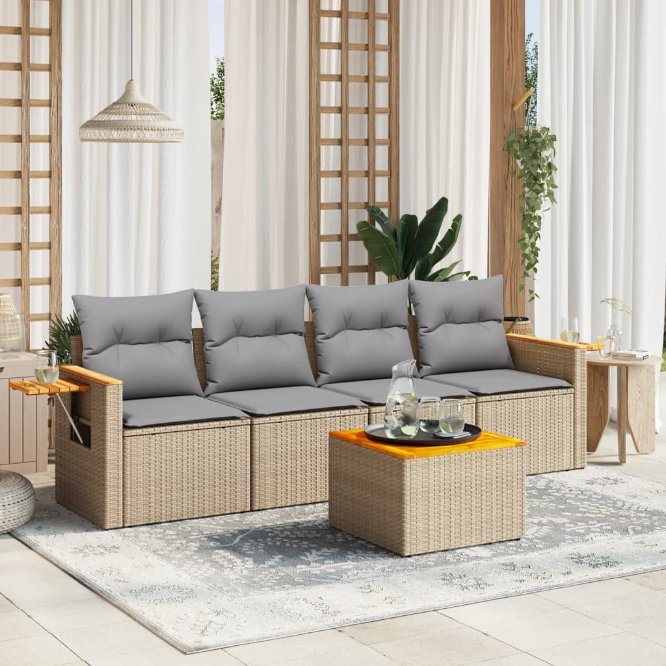 5-tlg. Garten-Sofagarnitur mit Kissen Schwarz Poly Rattan
