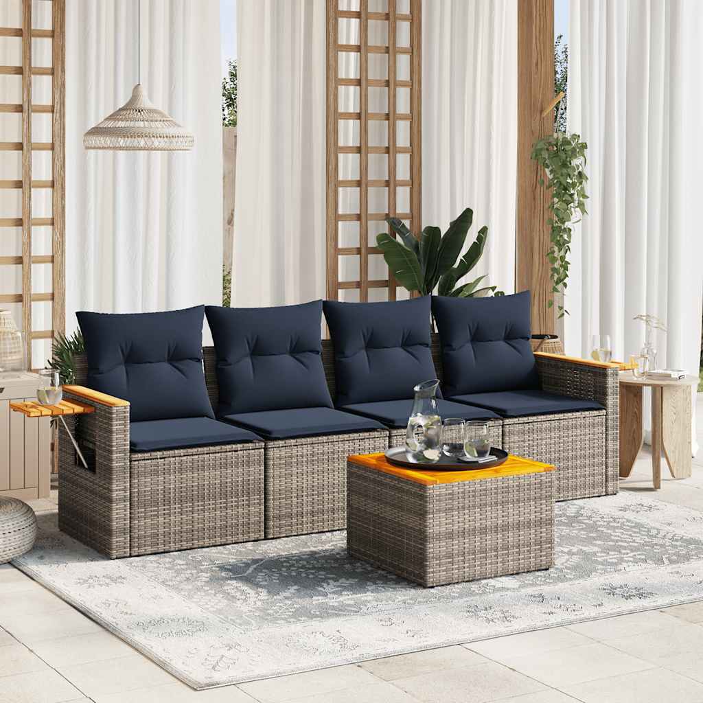 5-tlg. Garten-Sofagarnitur mit Kissen Schwarz Poly Rattan