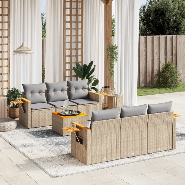 7-tlg. Garten-Sofagarnitur mit Kissen Schwarz Poly Rattan