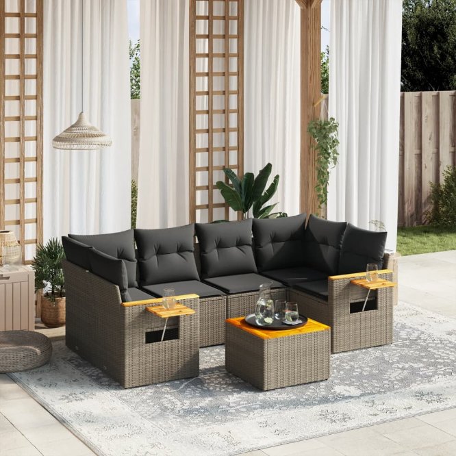 7-tlg. Garten-Sofagarnitur mit Kissen Schwarz Poly Rattan