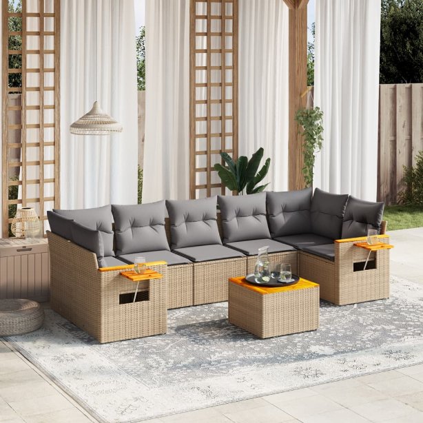 8-tlg. Garten-Sofagarnitur mit Kissen Schwarz Poly Rattan