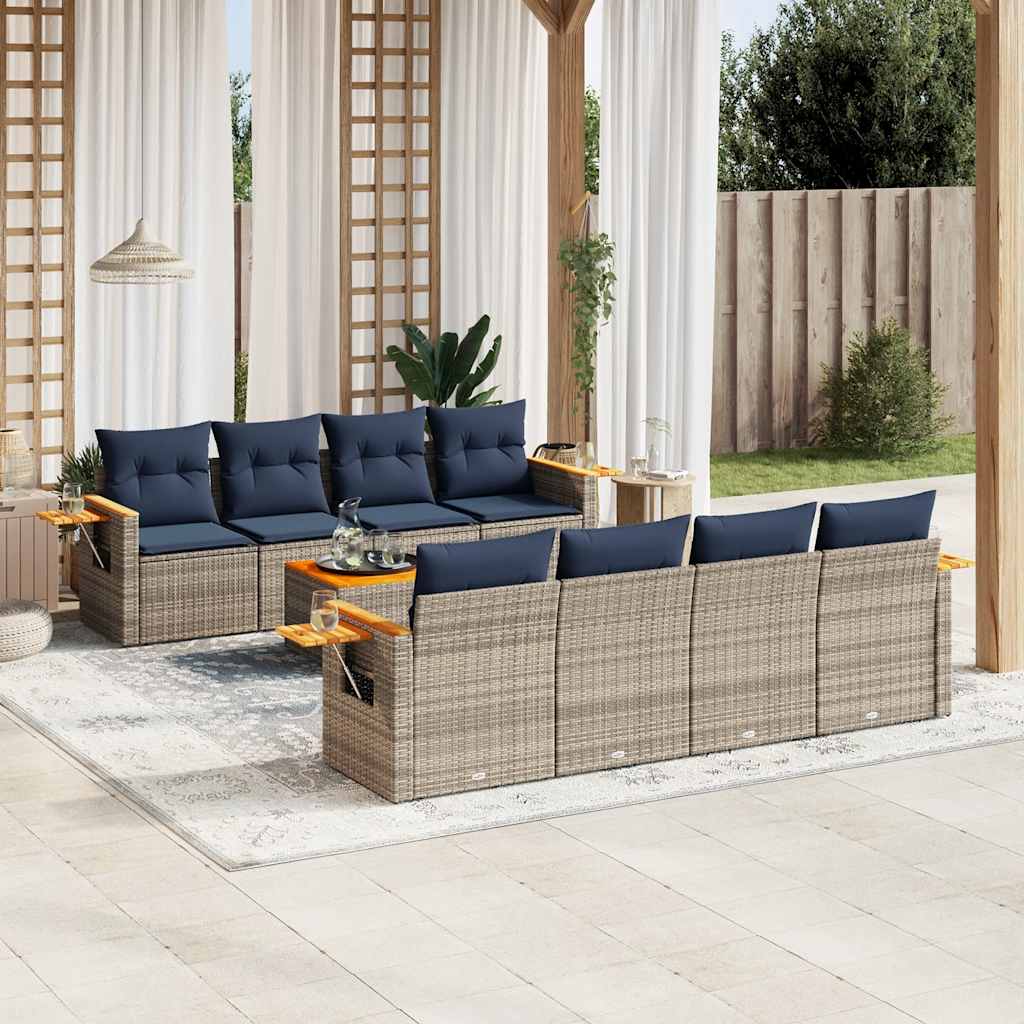 9-tlg. Garten-Sofagarnitur mit Kissen Schwarz Poly Rattan