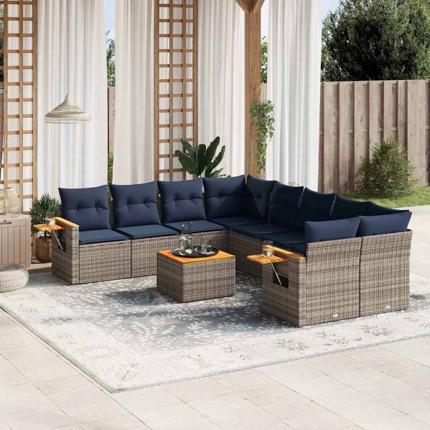 9-tlg. Garten-Sofagarnitur mit Kissen Schwarz Poly Rattan