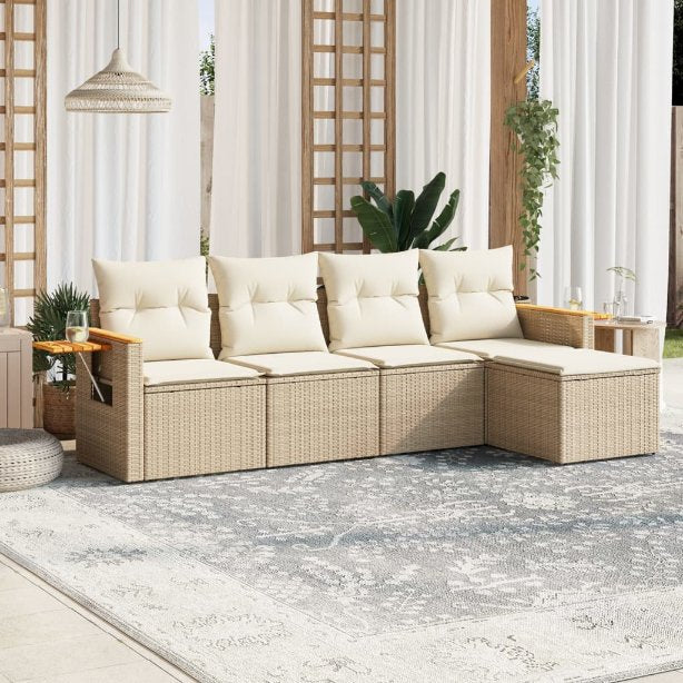 5-tlg. Garten-Sofagarnitur mit Kissen Schwarz Poly Rattan