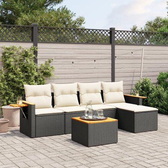 5-tlg. Garten-Sofagarnitur mit Kissen Schwarz Poly Rattan
