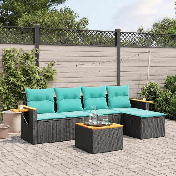 5-tlg. Garten-Sofagarnitur mit Kissen Schwarz Poly Rattan