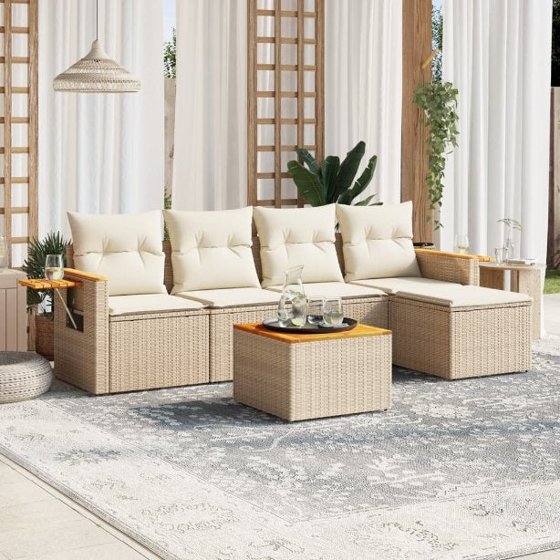 5-tlg. Garten-Sofagarnitur mit Kissen Schwarz Poly Rattan