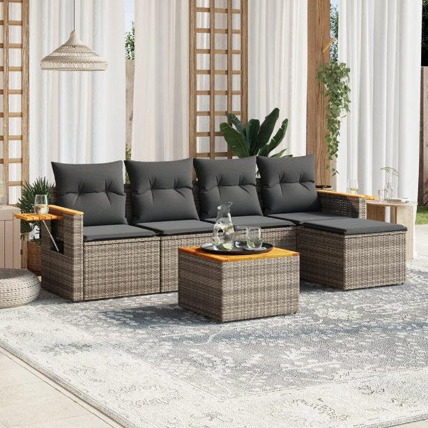 5-tlg. Garten-Sofagarnitur mit Kissen Schwarz Poly Rattan