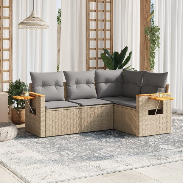 4-tlg. Garten-Sofagarnitur mit Kissen Schwarz Poly Rattan