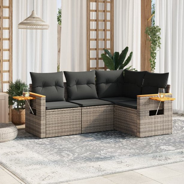 4-tlg. Garten-Sofagarnitur mit Kissen Schwarz Poly Rattan
