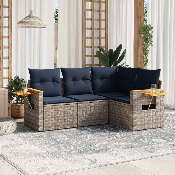 4-tlg. Garten-Sofagarnitur mit Kissen Schwarz Poly Rattan
