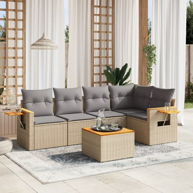 5-tlg. Garten-Sofagarnitur mit Kissen Schwarz Poly Rattan
