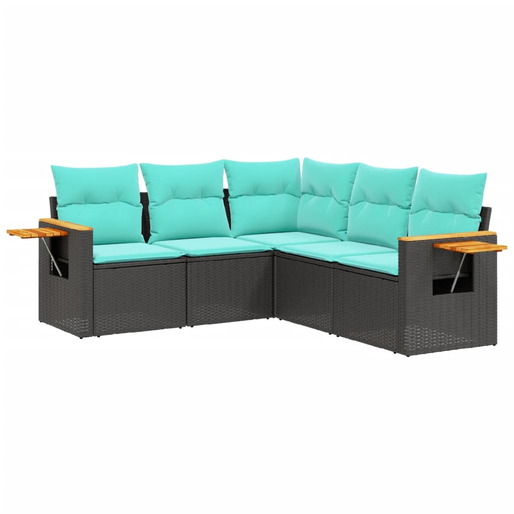 5-tlg. Garten-Sofagarnitur mit Kissen Schwarz Poly Rattan