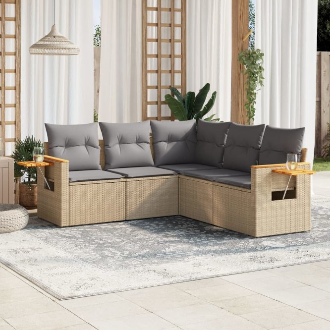 5-tlg. Garten-Sofagarnitur mit Kissen Schwarz Poly Rattan