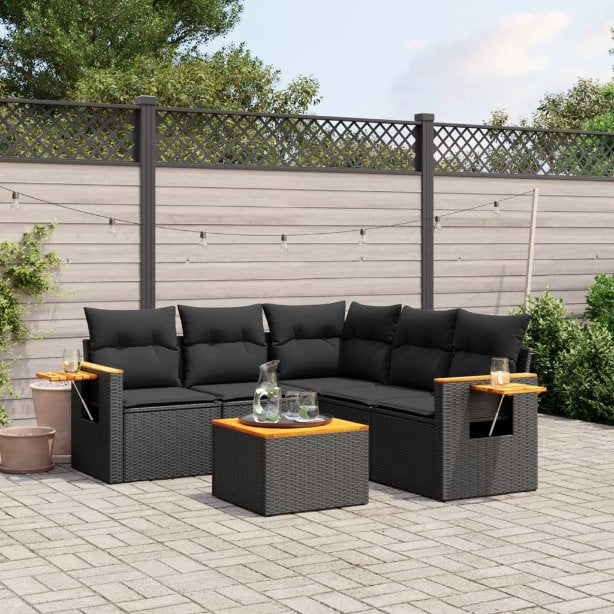 5-tlg. Garten-Sofagarnitur mit Kissen Schwarz Poly Rattan