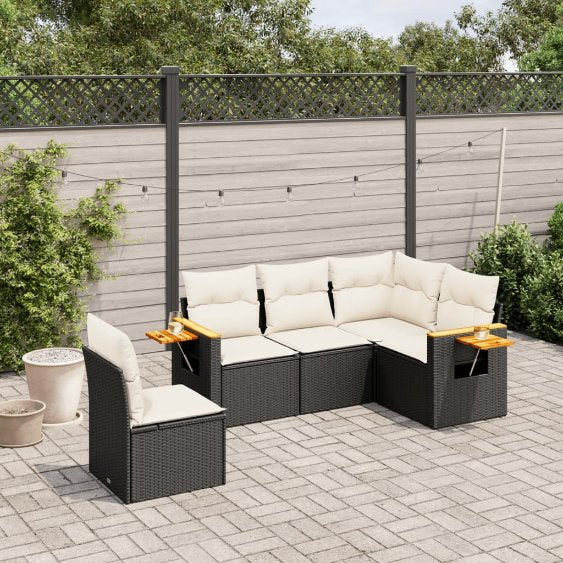 5-tlg. Garten-Sofagarnitur mit Kissen Schwarz Poly Rattan