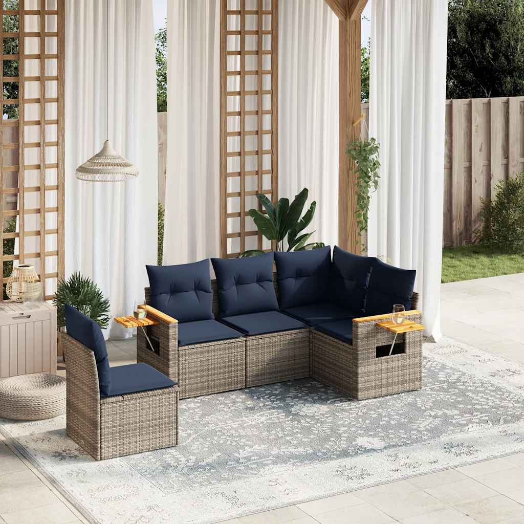 5-tlg. Garten-Sofagarnitur mit Kissen Schwarz Poly Rattan
