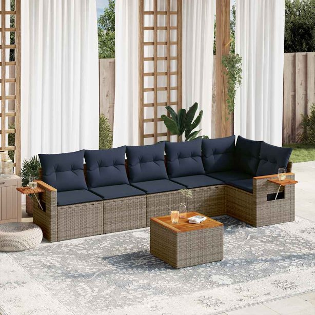 6-tlg. Garten-Sofagarnitur mit Kissen Schwarz Poly Rattan