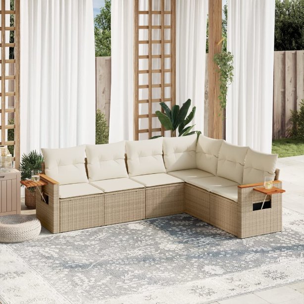 6-tlg. Garten-Sofagarnitur mit Kissen Schwarz Poly Rattan
