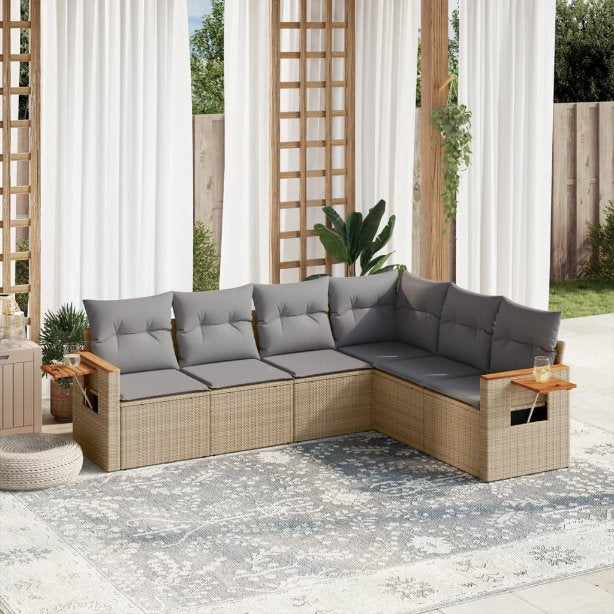 6-tlg. Garten-Sofagarnitur mit Kissen Schwarz Poly Rattan