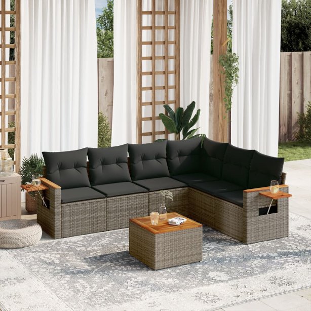 6-tlg. Garten-Sofagarnitur mit Kissen Schwarz Poly Rattan
