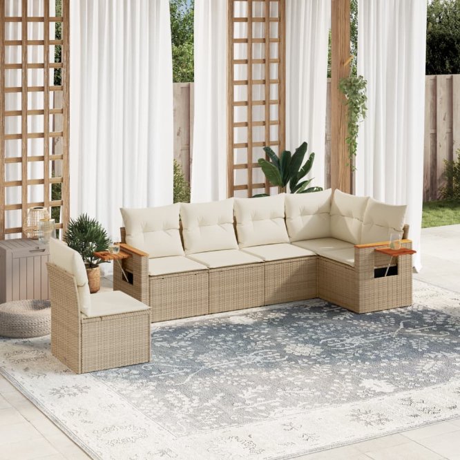 6-tlg. Garten-Sofagarnitur mit Kissen Schwarz Poly Rattan
