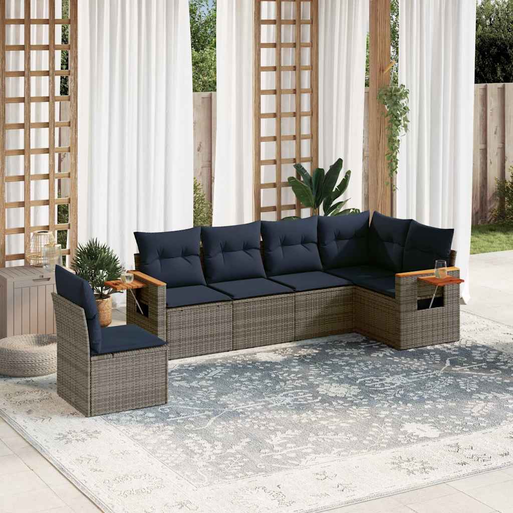 6-tlg. Garten-Sofagarnitur mit Kissen Schwarz Poly Rattan