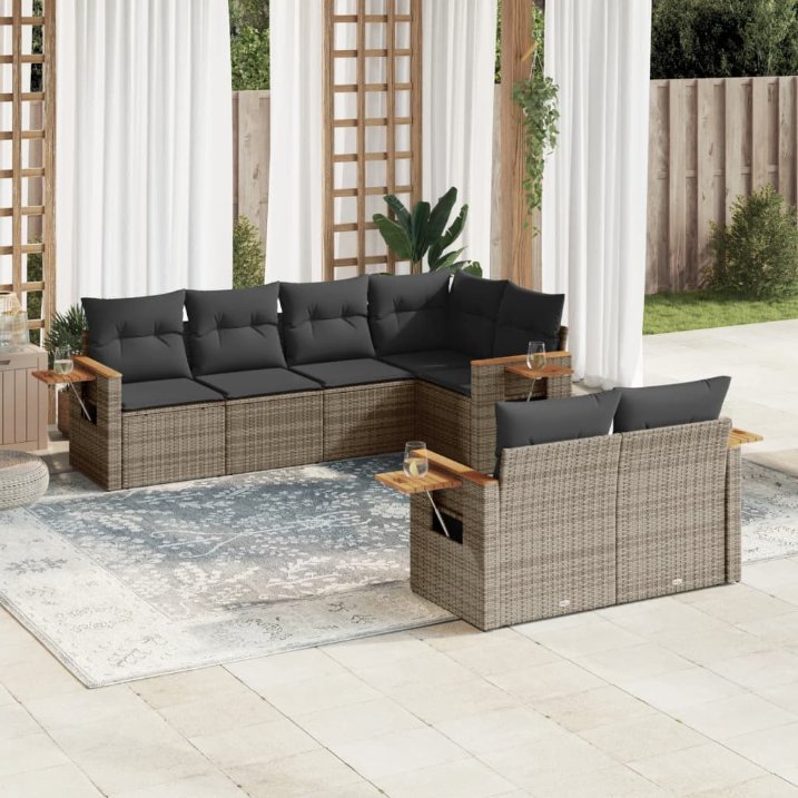 7-tlg. Garten-Sofagarnitur mit Kissen Schwarz Poly Rattan