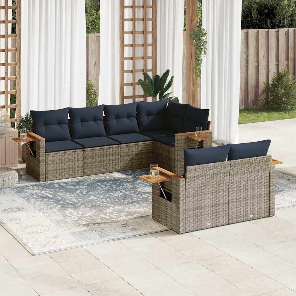 7-tlg. Garten-Sofagarnitur mit Kissen Schwarz Poly Rattan