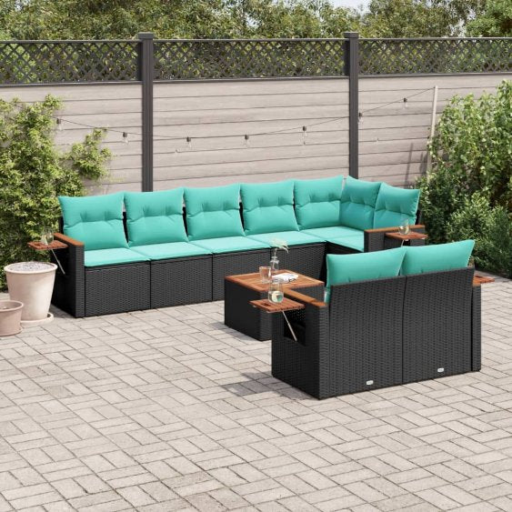 8-tlg. Garten-Sofagarnitur mit Kissen Schwarz Poly Rattan