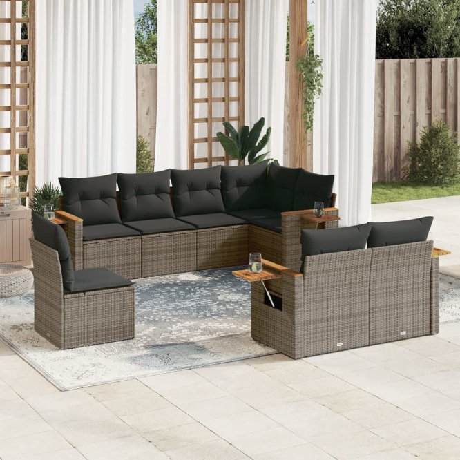 8-tlg. Garten-Sofagarnitur mit Kissen Schwarz Poly Rattan