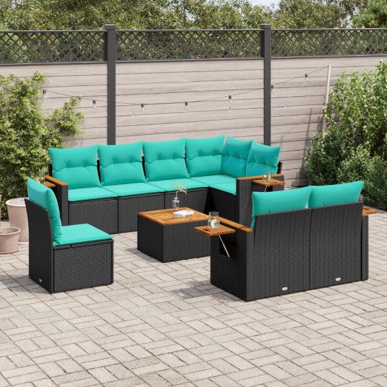 8-tlg. Garten-Sofagarnitur mit Kissen Schwarz Poly Rattan