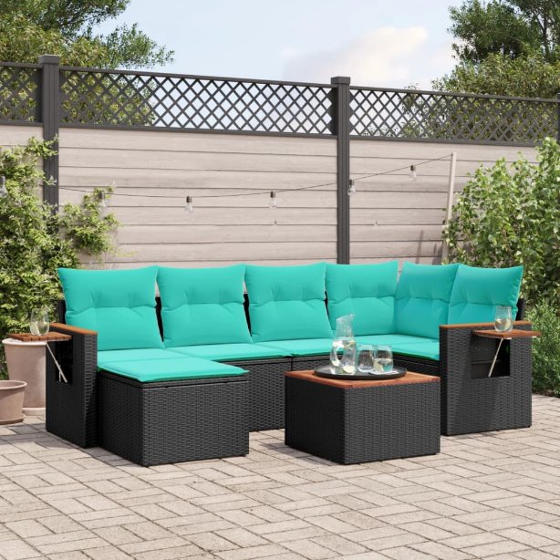6-tlg. Garten-Sofagarnitur mit Kissen Schwarz Poly Rattan