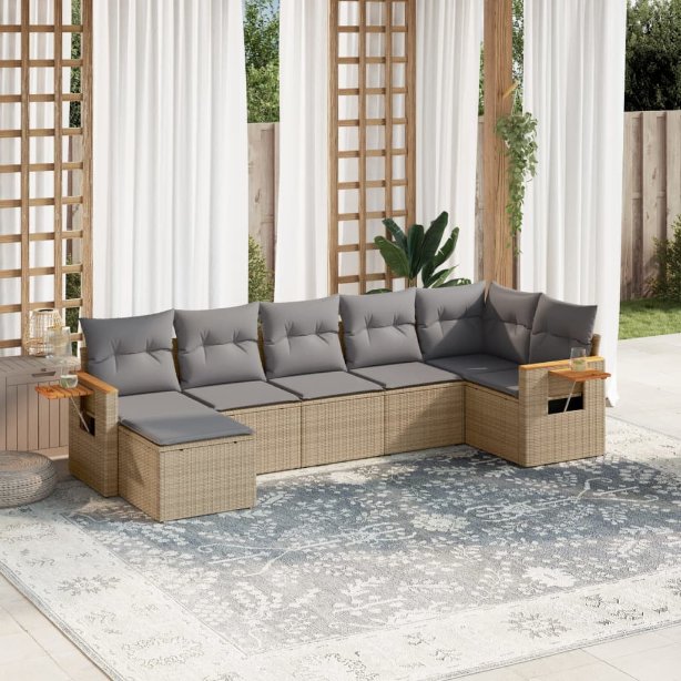 7-tlg. Garten-Sofagarnitur mit Kissen Schwarz Poly Rattan