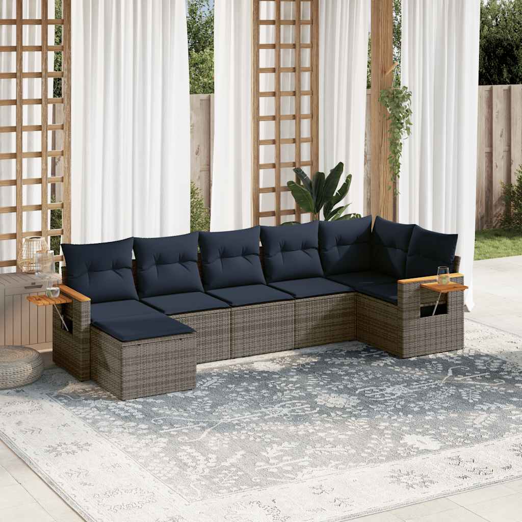 7-tlg. Garten-Sofagarnitur mit Kissen Schwarz Poly Rattan