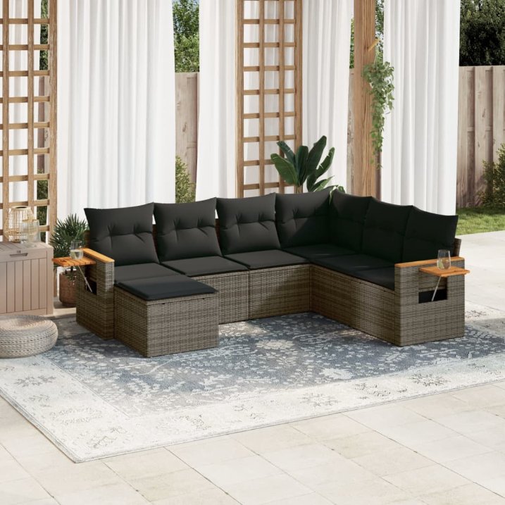 7-tlg. Garten-Sofagarnitur mit Kissen Schwarz Poly Rattan