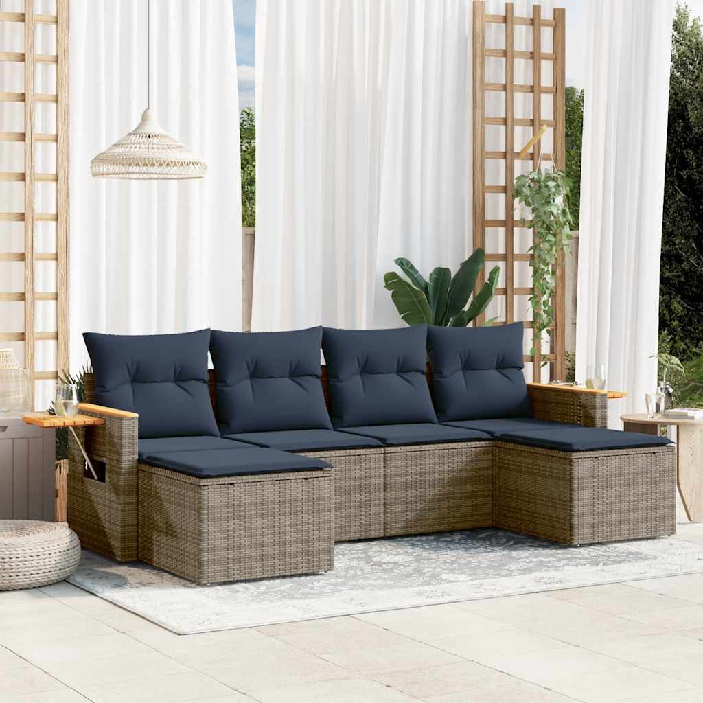 6-tlg. Garten-Sofagarnitur mit Kissen Schwarz Poly Rattan