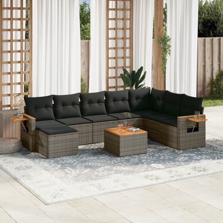 8-tlg. Garten-Sofagarnitur mit Kissen Schwarz Poly Rattan