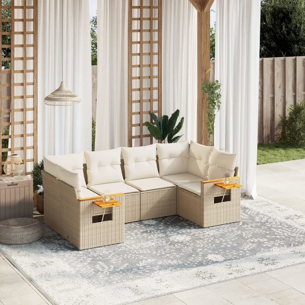 6-tlg. Garten-Sofagarnitur mit Kissen Schwarz Poly Rattan